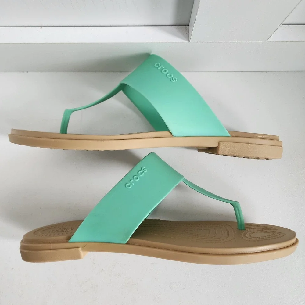 Crocs Serena Flip Sandals Womens 10 Mint Green Tan Thong Flat Comfort 205468